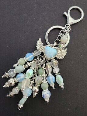 Opalite Heart Wings Purse Charm White Opal Amazonite Jasper Quartz Handcrafted